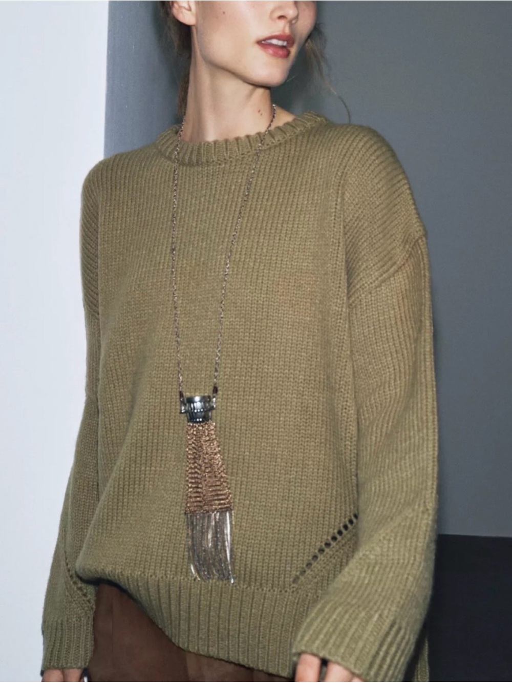 Zara Wool-Blend Knit Sweater with Eyelet Trim